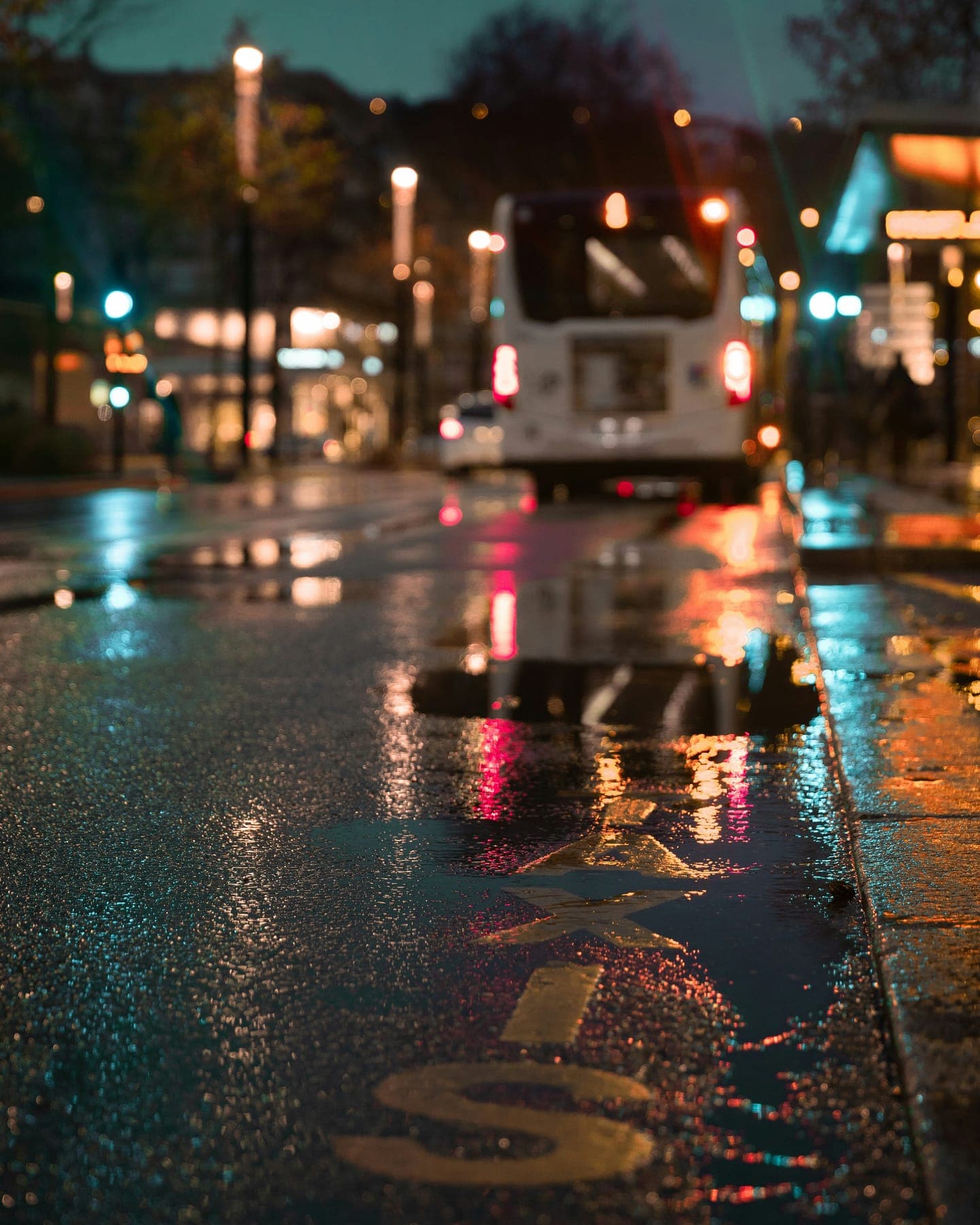 A bus and street lights on a wet road at night