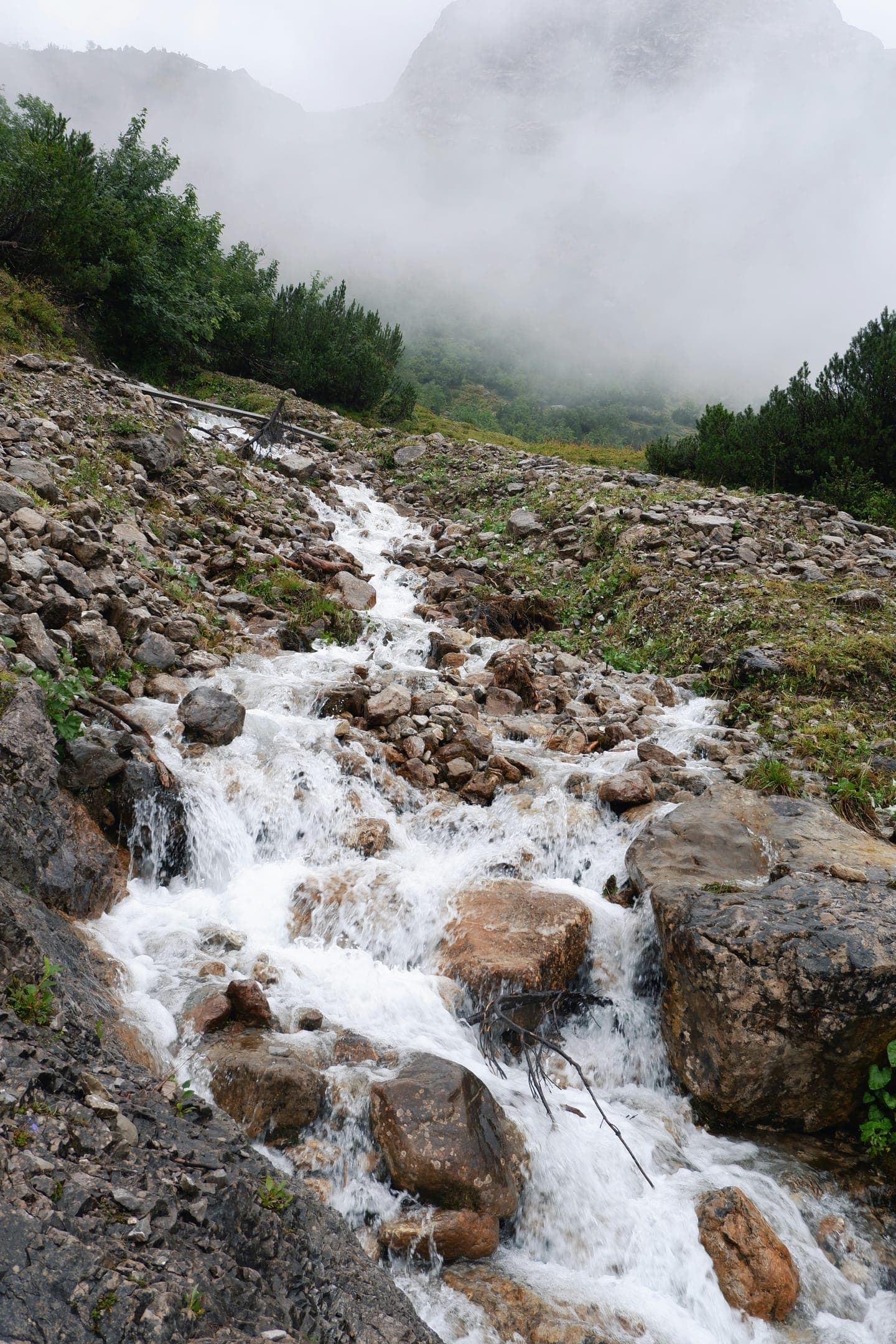 A stream tumbling down a rocky slope in mist