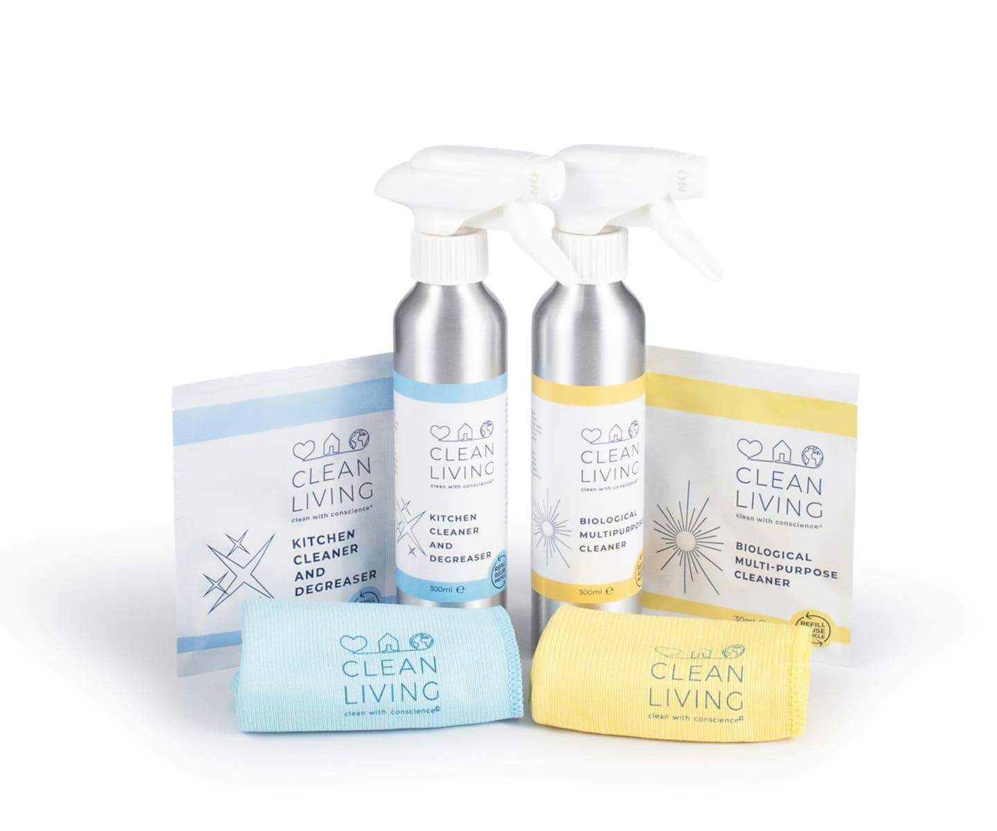 Spray bottles, refill pouches and cloths on white