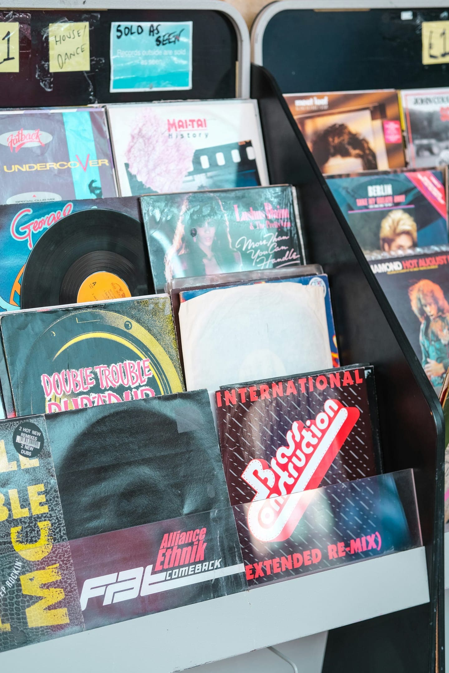 Crates of records and CDs in a music shop